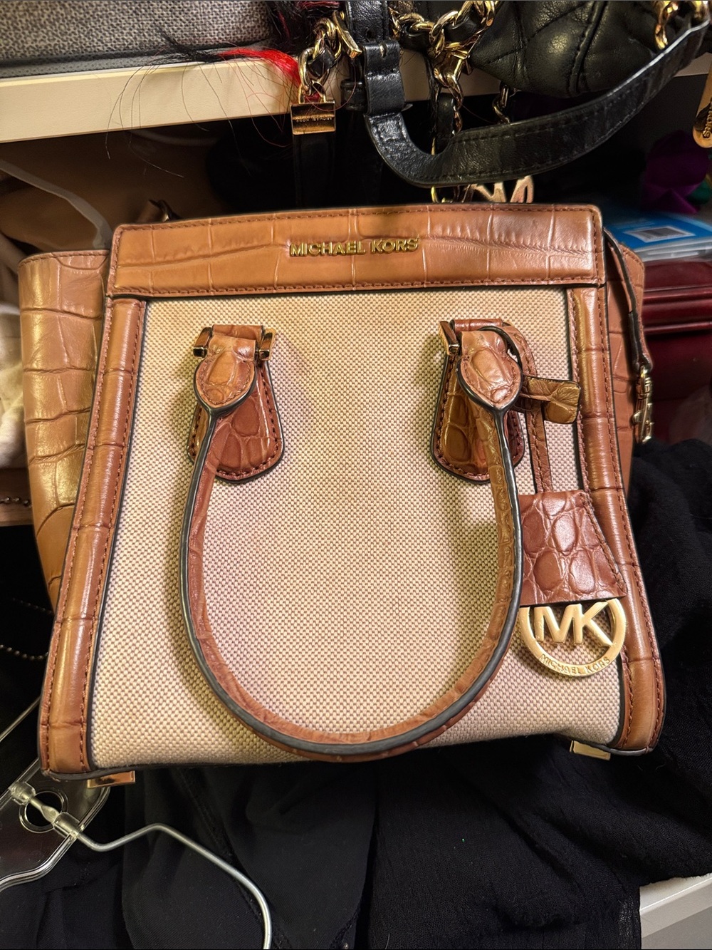 Michael Kors Tan and Beige Croc-Trim Satchel